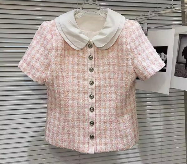 Women Collar Button Up Plaid Two Piece Fashion Short Set