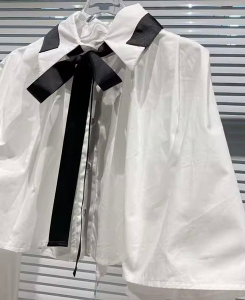 Women White/Black Button Up Tie Full Sleeve Top