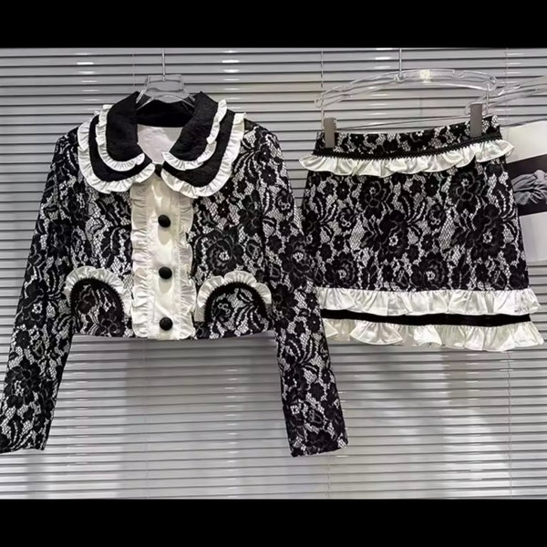 Women B&W Lace Button Up Blazer Two Piece Skirt Set