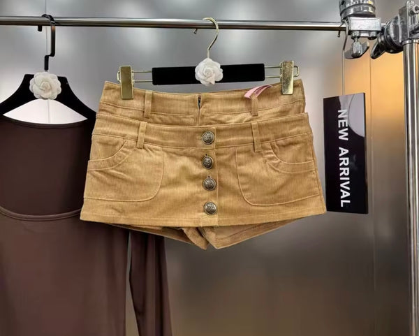 Women Sexy Fashion Khaki Corduroy Button Up Skirt