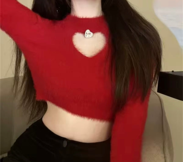 Women Fashion Furry Cut Out Heart Full Sleeve Crop Top