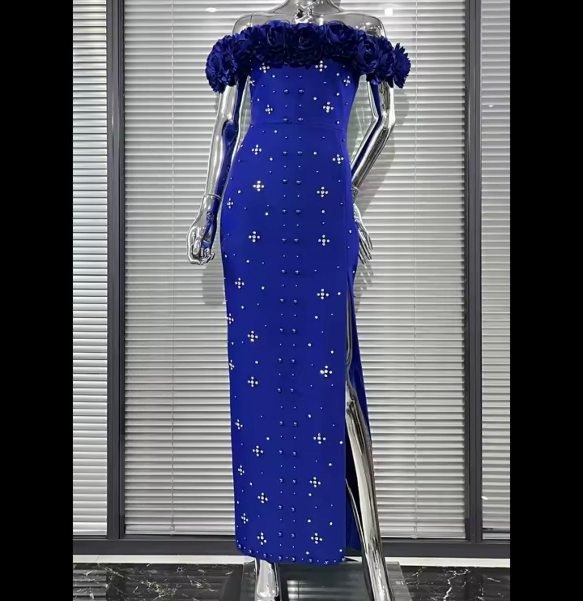 Women Floral Strapless Beaded Rhinestone Maxi Dress