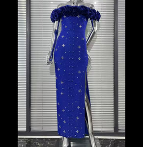 Women Floral Strapless Beaded Rhinestone Maxi Dress