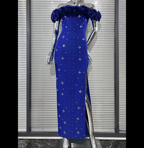 Women Floral Strapless Beaded Rhinestone Maxi Dress