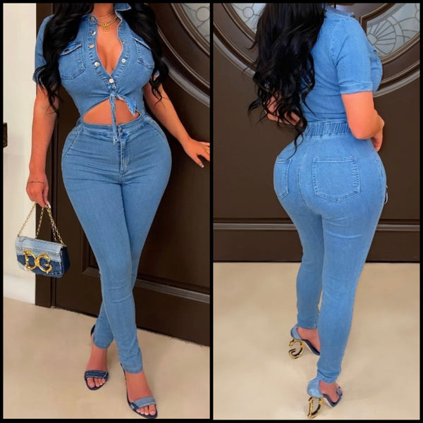 Women Short Sleeve Cut Out Sexy Denim Jumpsuit