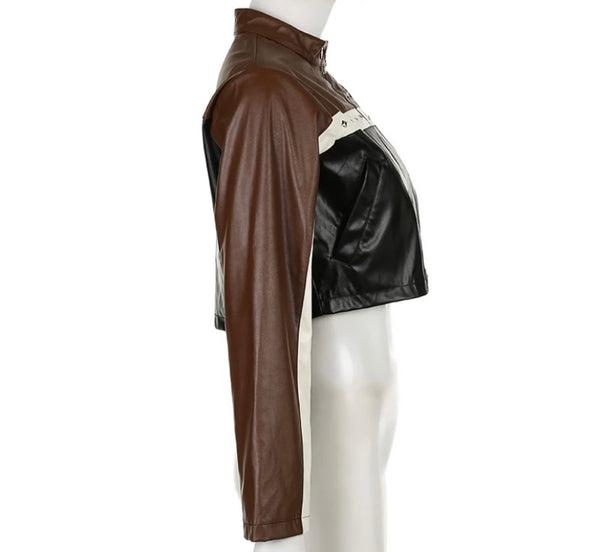 Women Fashion Color Patchwork Faux Leather Crop Jacket
