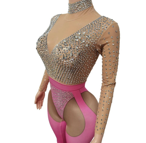 Women Sexy Pink Bling Mesh Full Sleeve Jumpsuit