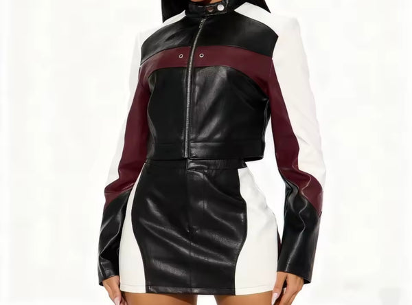 Women Sexy Faux Leather Color Patchwork Two Piece Skirt Set