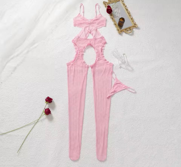 Women Sexy Pink Heart Mesh Bodysuit Lingerie Set
