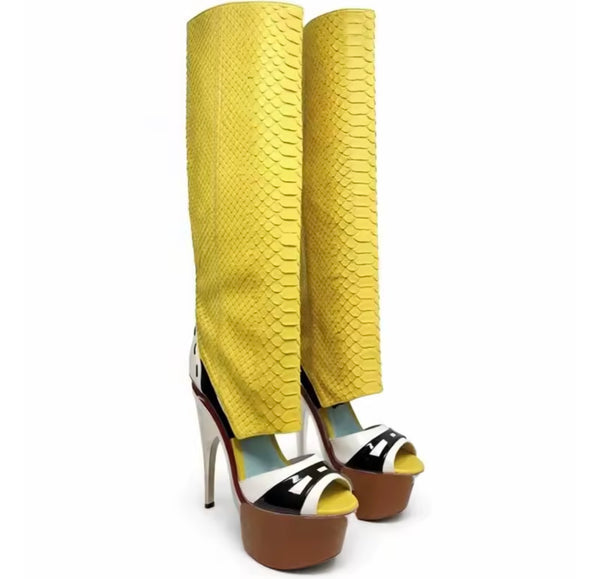 Women Fashion Open Toe Color Patchwork Platform Knee High Boots
