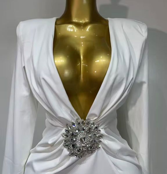 Women Sexy V-Neck Full Sleeve Ruched Rhinestone Maxi Dress