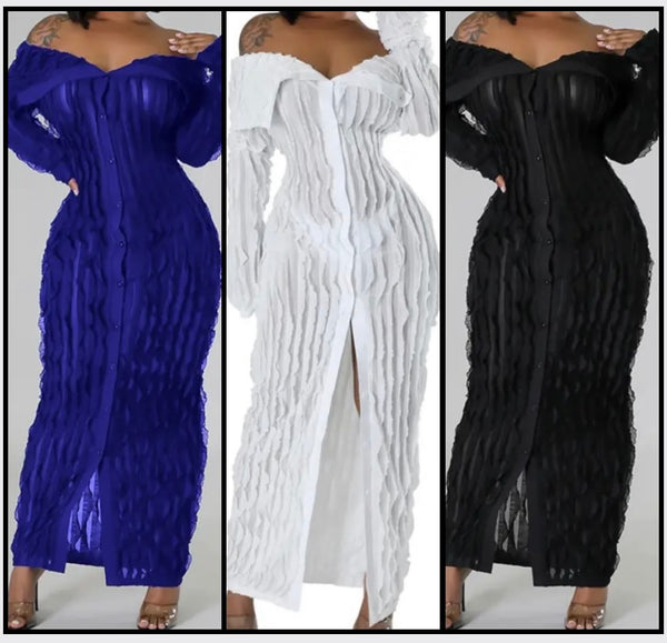 Women Sexy Off The Shoulder Mesh Button Up Full Sleeve Maxi Dress