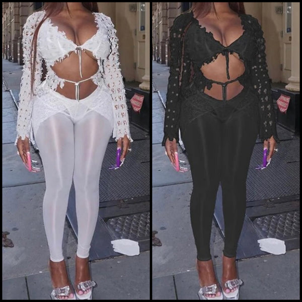 Women Sexy Fashion Solid Color Mesh Two Piece Pant Set