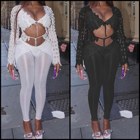 Women Sexy Fashion Solid Color Mesh Two Piece Pant Set