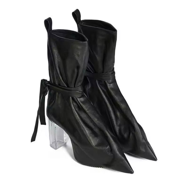 Women Pointed Toe Faux Leather Clear Square Heel Ankle Boots