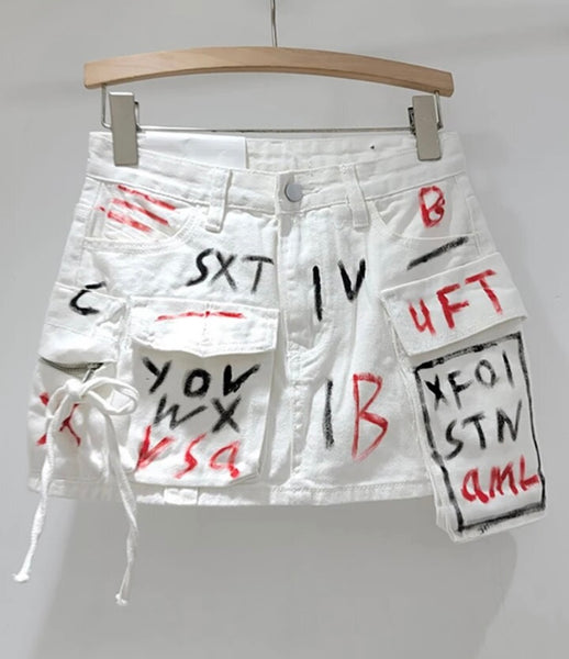 Women Fashion Graffiti Cargo Denim Skirt