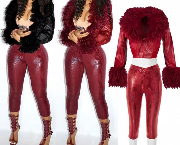 Women Fur Patchwork Fashion Faux Leather Two Piece Capri Pant Set