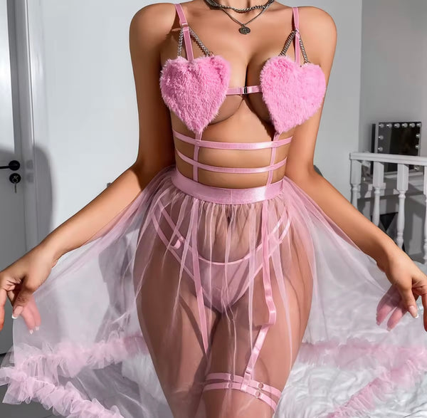 Women Sexy Pink Heart Mesh Lingerie Set