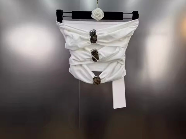 Women Sexy Strapless Metal Cut Out Crop Top