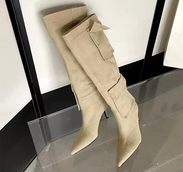 Women Pocket Fashion High Heel Knee High Boots