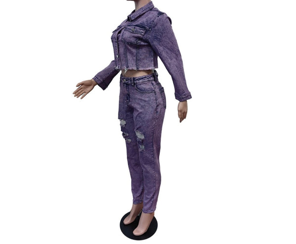 Women Fashion Purple Ripped Denim Two Piece Jacket Pant Set