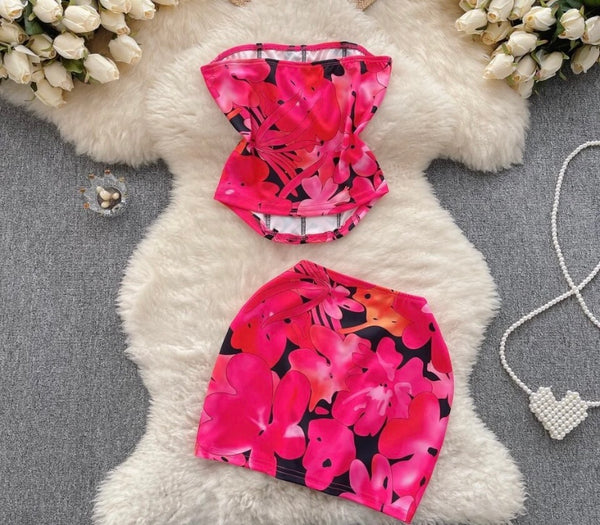 Women Sexy Strapless Colorful Floral Two Piece Skirt Set