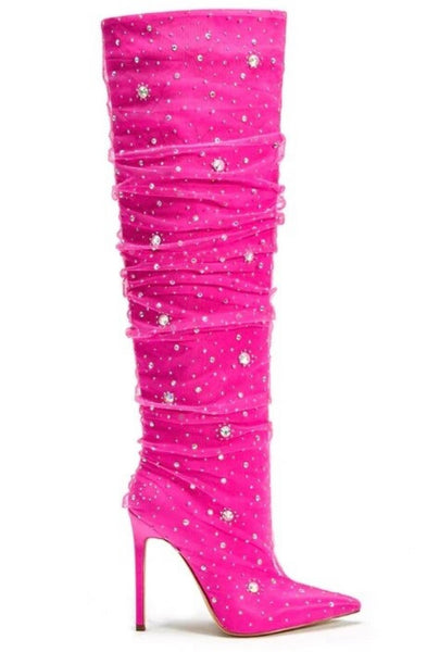 Women Pink Bling Rhinestone Fashion Knee High Boots