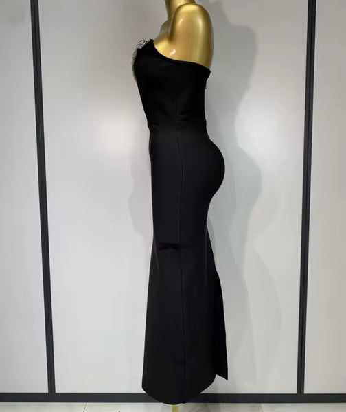 Women Black Strapless V-Neck Bling Bandage Sexy Maxi Dress