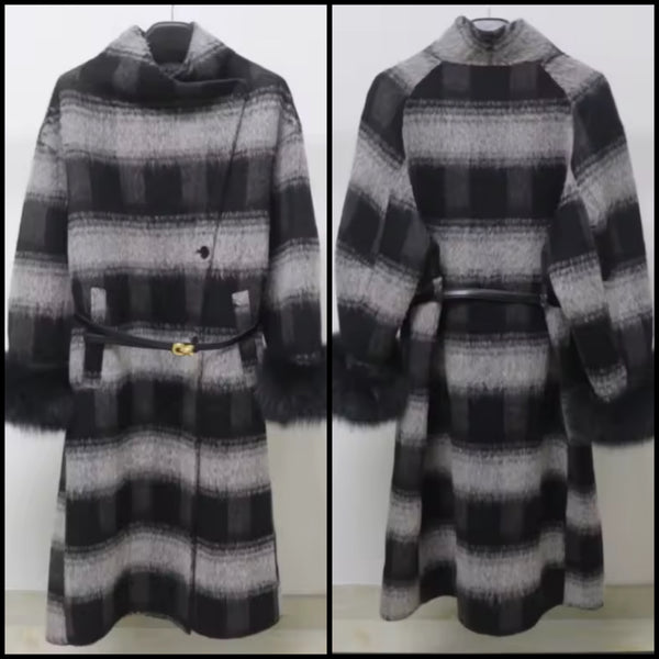 Women Fashion Fur Patchwork Plaid Trench Jacket