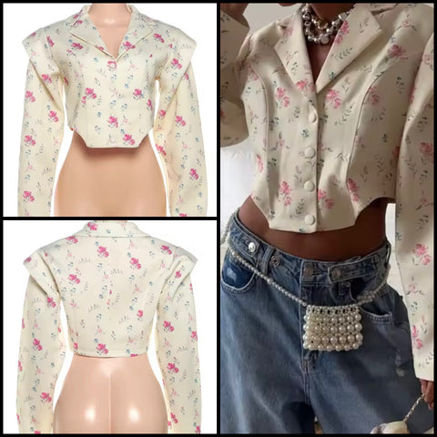 Women Fashion Floral Button Up Full Sleeve Blazer Top