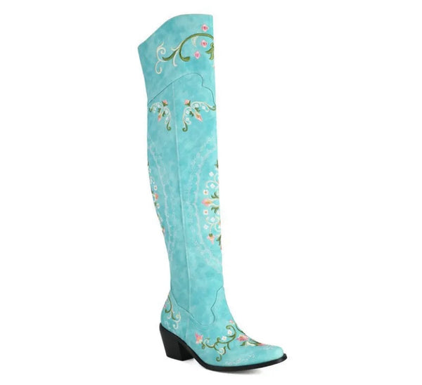 Women Fashion Floral Faux Leather Over The Knee Western Boots