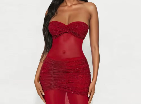 Women Sexy Strapless Sparkly Mesh Maxi Dress