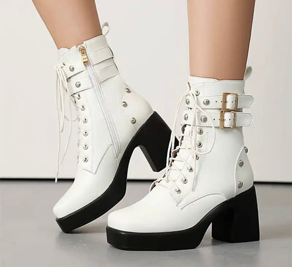 Women Fashion Platform Buckled Lace Up Ankle Boots