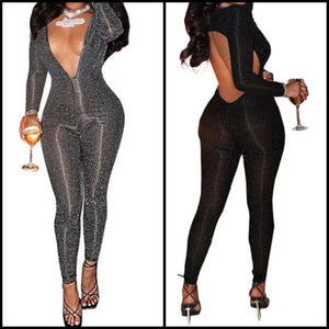 Women Sexy Sparkly Deep V-Neck Full Sleeve Open Back Jumpsuit