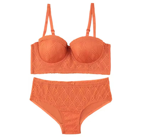 Women Sexy Orange Lace Mesh Lingerie Set