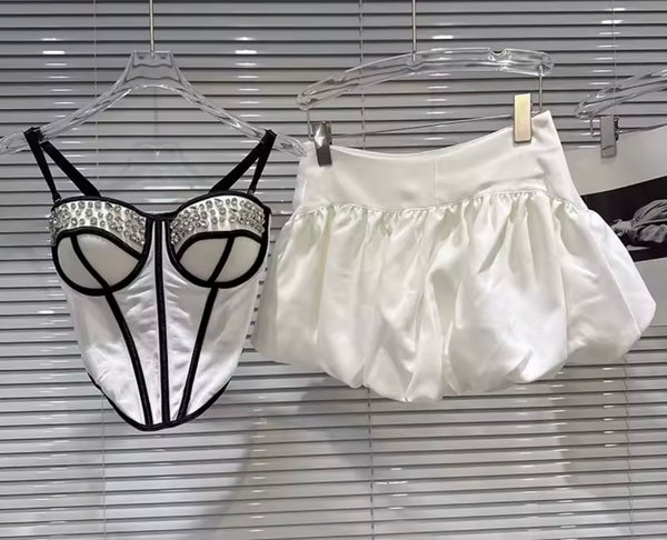 Women Rhinestone Sleeveless Sexy Two Piece White Skirt Set