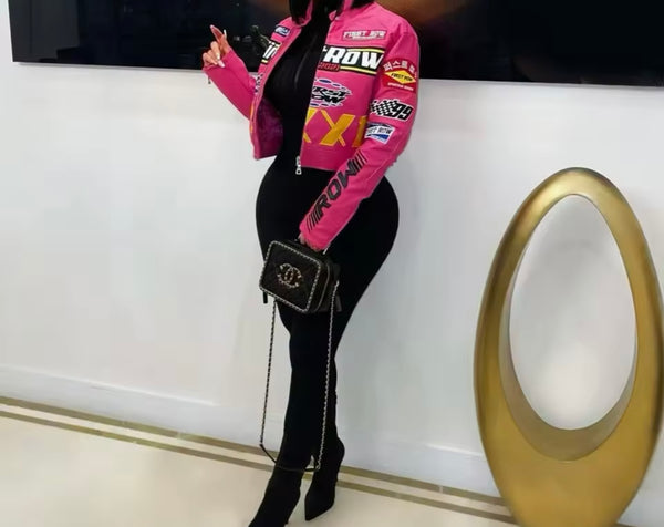 Women Printed Faux Leather Fashion Jacket