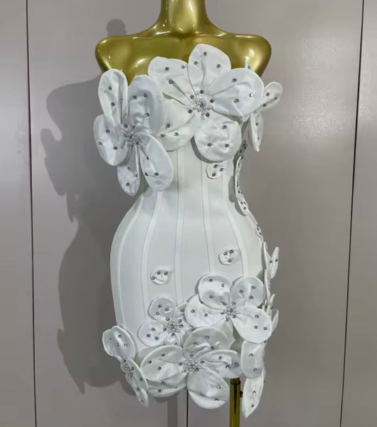 Women Sexy Floral Strapless Rhinestone Dress