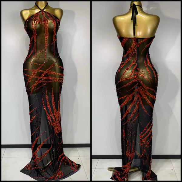 Women Black Halter Sleeveless Red Rhinestone Sexy Maxi Dress