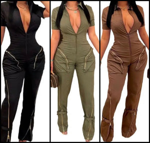 Women Fashion Short Sleeve Zipper Jumpsuit