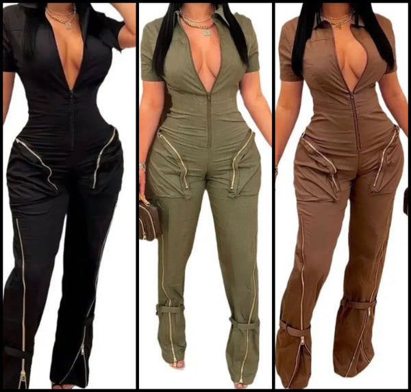 Women Fashion Short Sleeve Zipper Jumpsuit