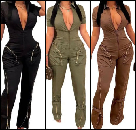 Women Fashion Short Sleeve Zipper Jumpsuit