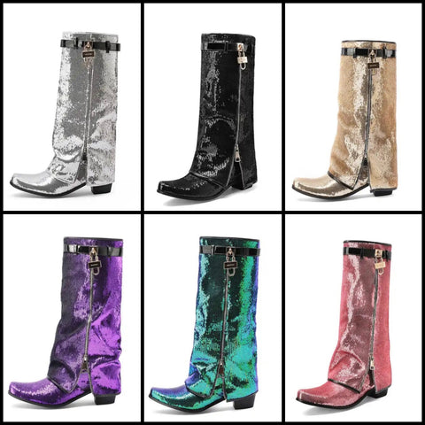 Women Fashion Sequins Buckled Lock Zip Up Western Boots