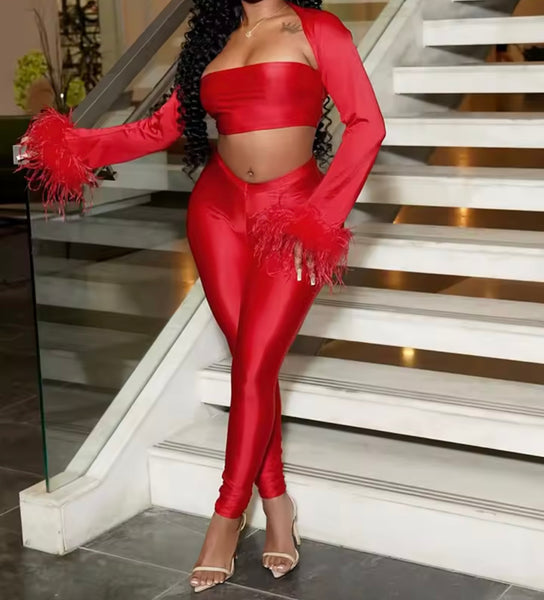 Women Sexy Red Feather Full Sleeve Three Piece Pant Set