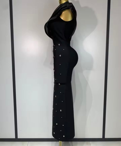 Women Sexy One Shoulder Mesh Sleeveless Crystal Maxi Dress
