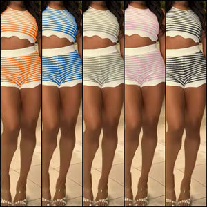 Women Sexy Sleeveless Color Striped Two Piece Short Set