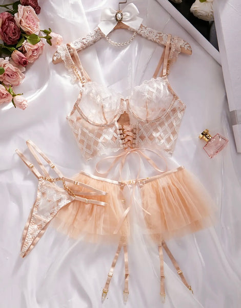 Women Sexy Lace Up Mesh Chain Lingerie Set