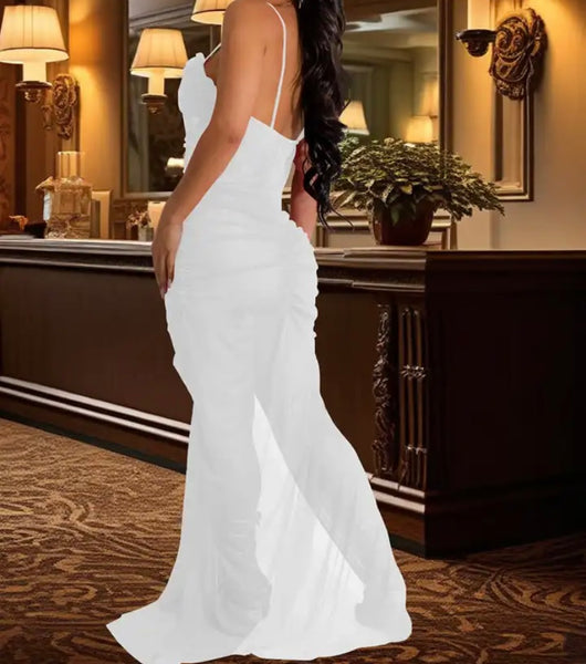 Women Sexy Sleeveless Ruffled Mesh Maxi Dress