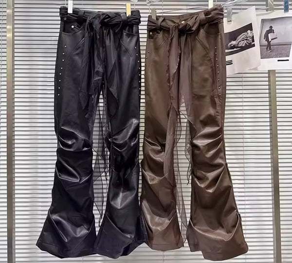 Women Fashion Rivet Faux Leather Ruched Pants