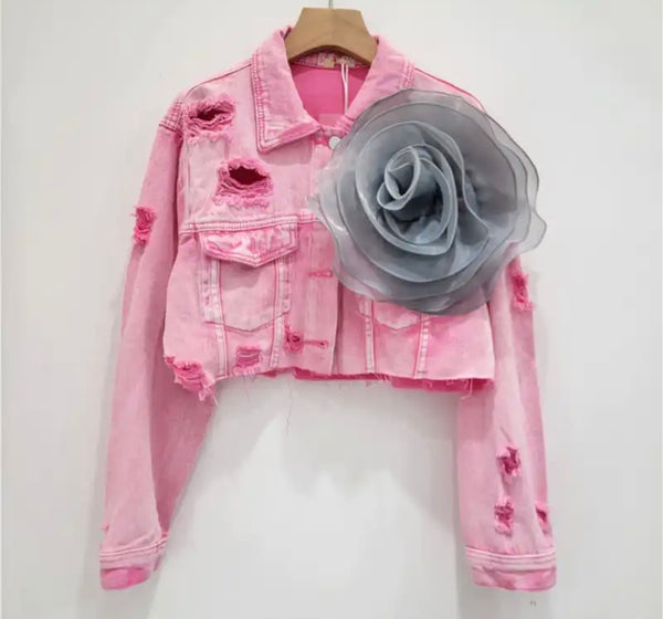 Women Fashion Ripped Floral Denim Jacket